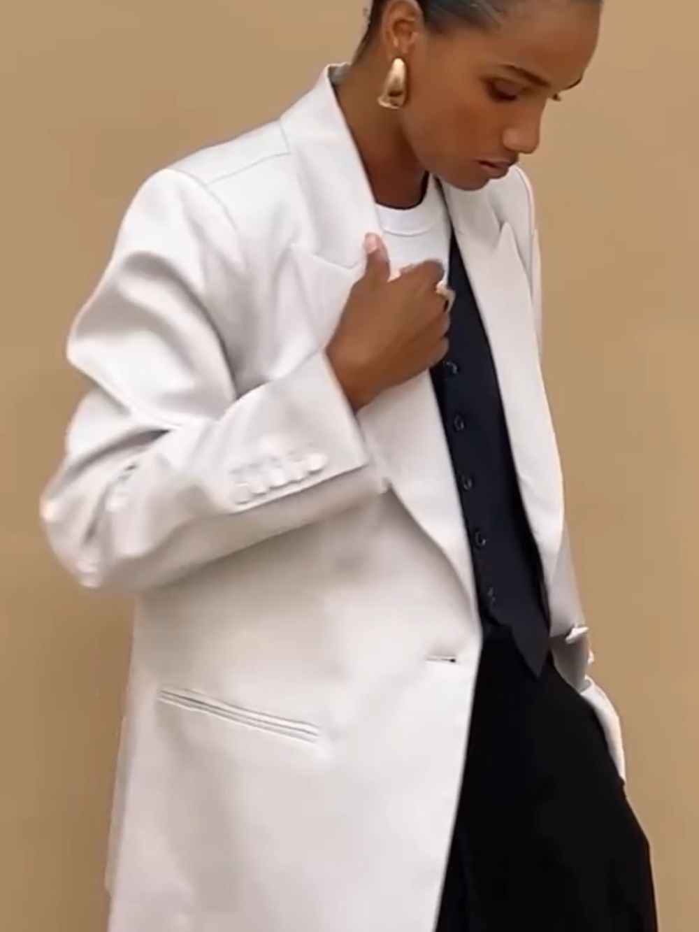 Mayson The Label Designer Satin White Sand Boyfriend Blazer Size M